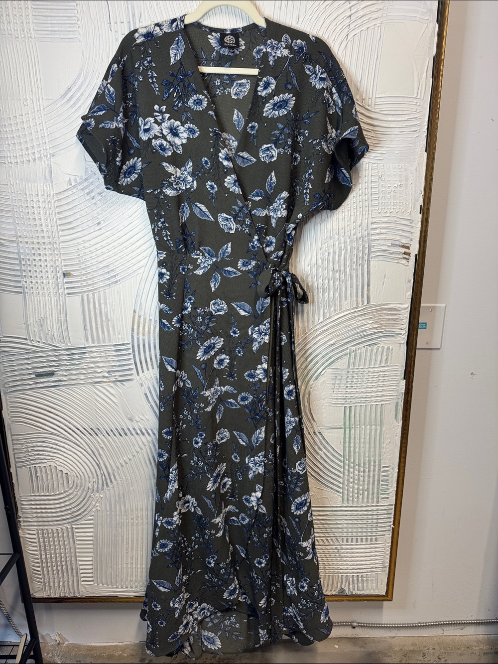 bobeau Olive Wrap Maxi Dress with Blue Floral N0726